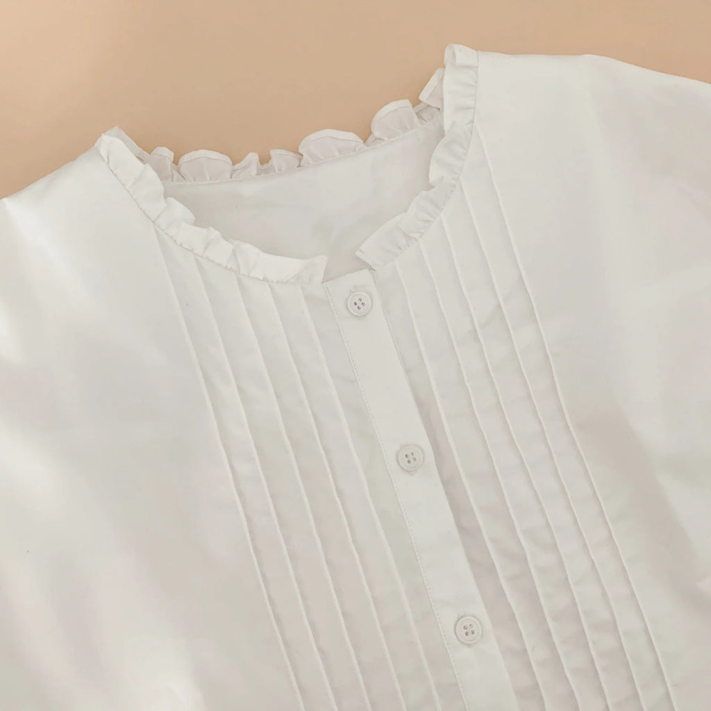 Design Sense loose western style stand collar ruffled pleated white cotton shirt for women