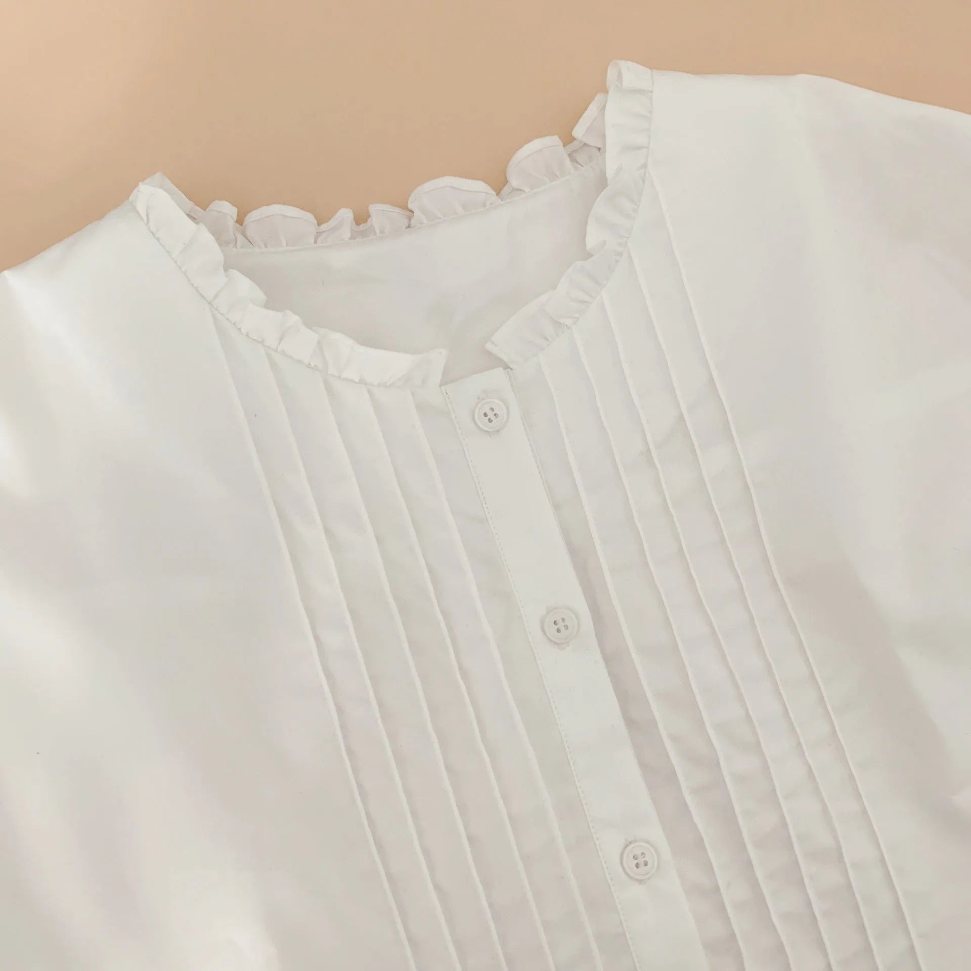 Design Sense loose western style stand collar ruffled pleated white cotton shirt for women