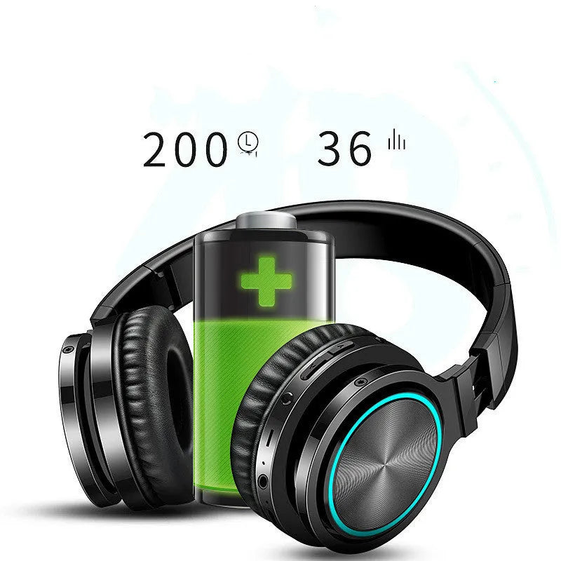 B12 wireless folding Bluetooth headset in black, shown in both open and folded positions