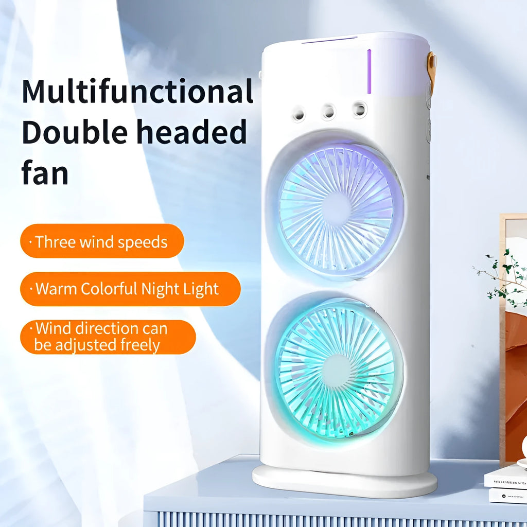White portable USB humidifier fan with remote control on a desk