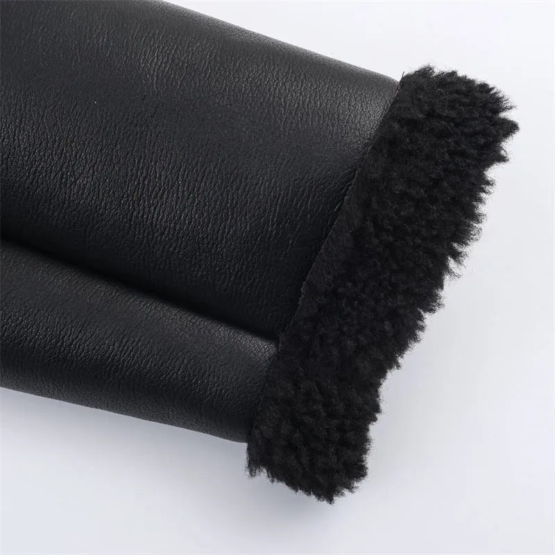 Women's black double-sided fleece jacket with PU fabric, shown front view, casual style, medium thickness.