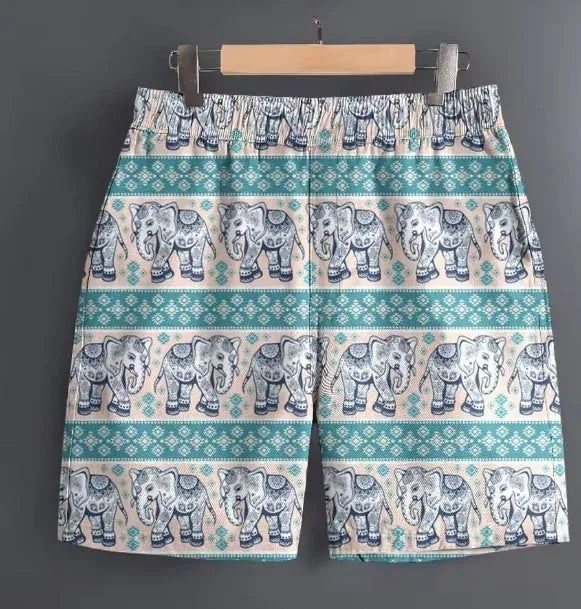 Men's casual striped and patterned polyester shorts for outdoor sports, shown in multiple sizes.