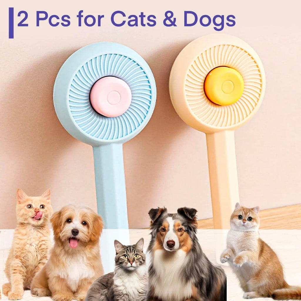 Blue pet grooming brush with angled metal needles and self-cleaning button on handle