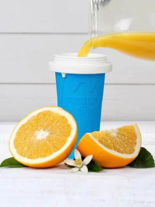 Quick refrigeration pinch cup in blue, double-layer food-grade silicone, 10.6x20.6cm, 300ml capacity, cold drink cup