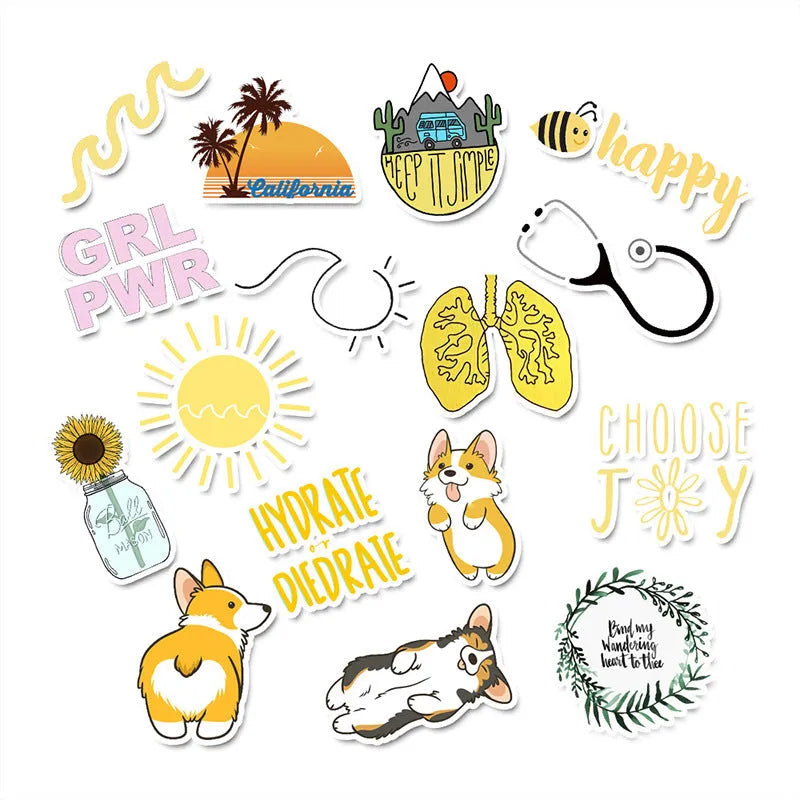 Assorted waterproof PVC graffiti suitcase stickers in 50 pack, 4-6 cm each, on white background.