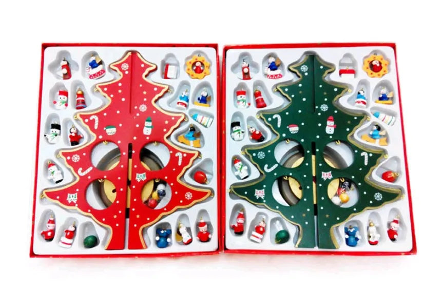 Hand painted wooden Christmas tree desktop decoration in red and green colours measuring 36cm tall