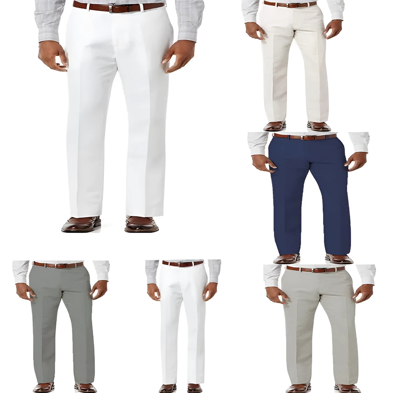 Men's beige white linen-cotton blend casual trousers with slant pockets, laid flat.