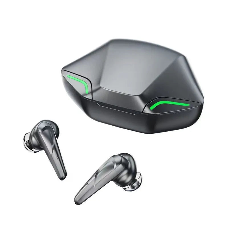 Wireless Bluetooth gaming headset with charging cabin and spare caps in black, grey, white, or yellow colours