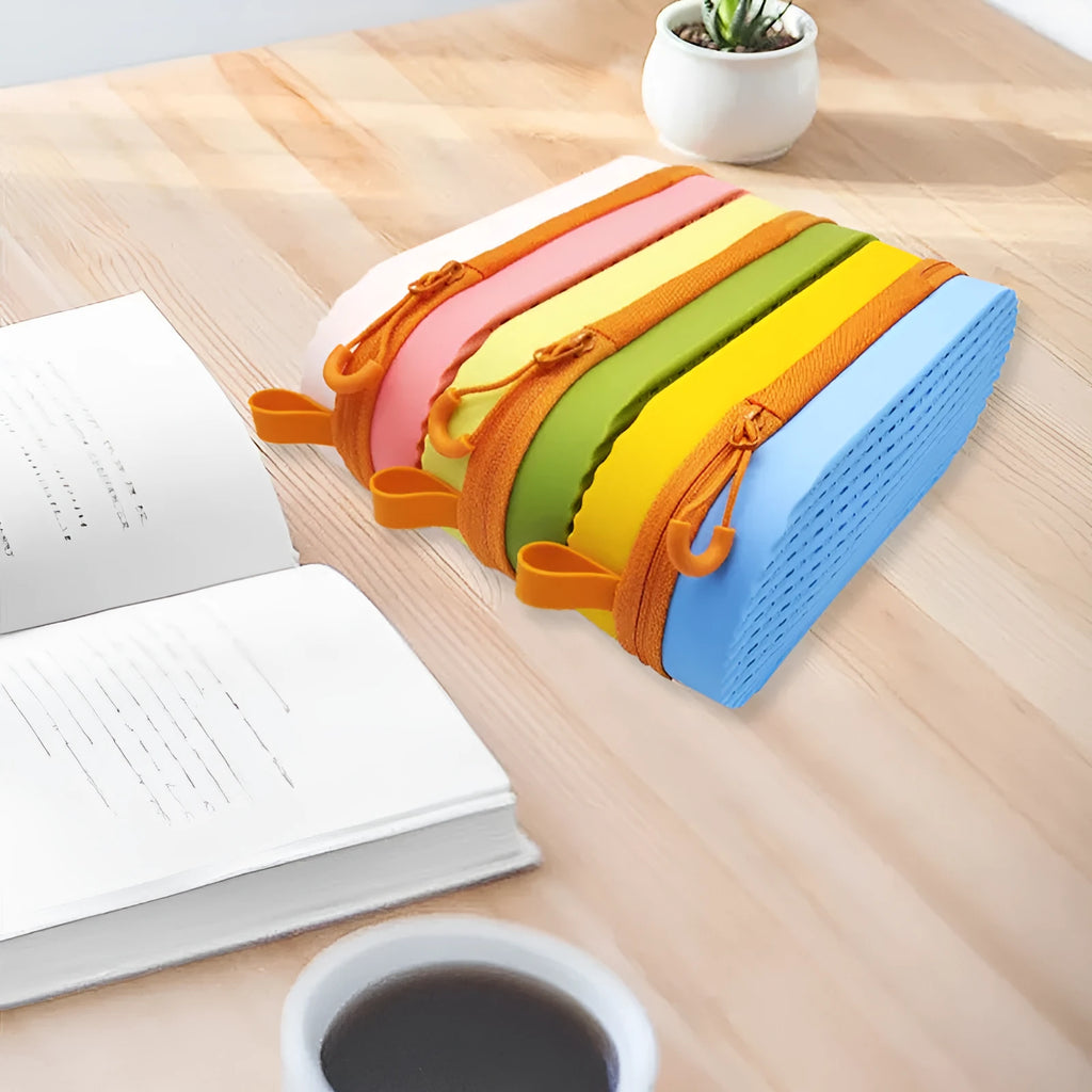 Silicone glasses case in multiple colours showing long hand shape and size scale