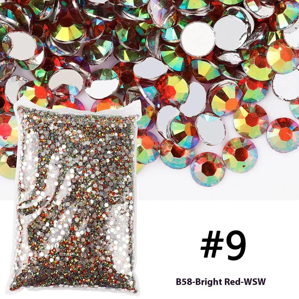 Plastic resin nail art rhinestones in multiple colours with electroplated surfaces arranged in mesh packaging