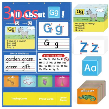 Large blue alphabet learning chart with slots for cards, surrounded by word, letter, and picture cards for children's education.