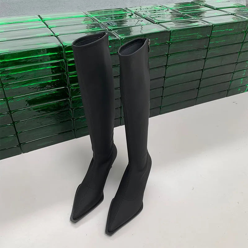 Women's black below the knee boots with pointed toe and stiletto heel, back zipper closure visible