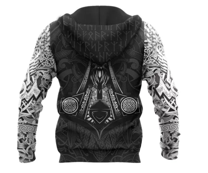 Viking Odin 3D print hoodie in black polyester for men and women