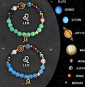 Twelve zodiac sign natural stone beaded bracelet set on white background showing 12 style options