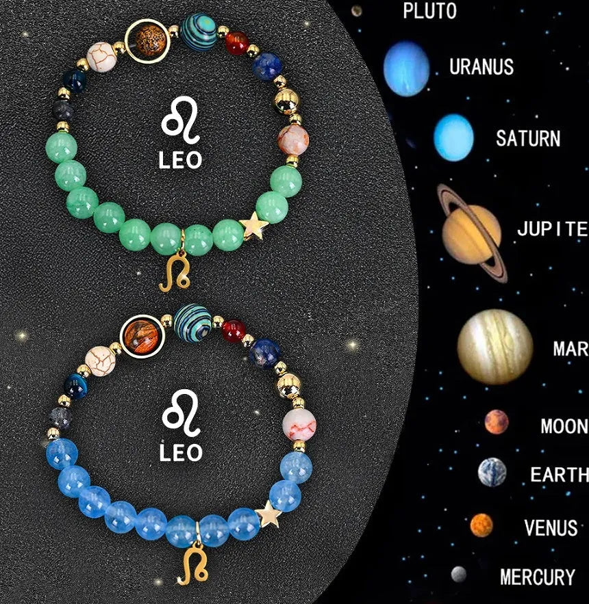 Twelve zodiac sign natural stone beaded bracelet set on white background showing 12 style options
