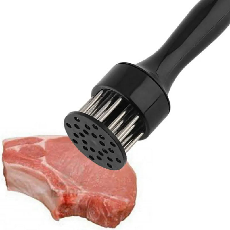Stainless steel meat tenderiser needle tool with white handle and metal needles