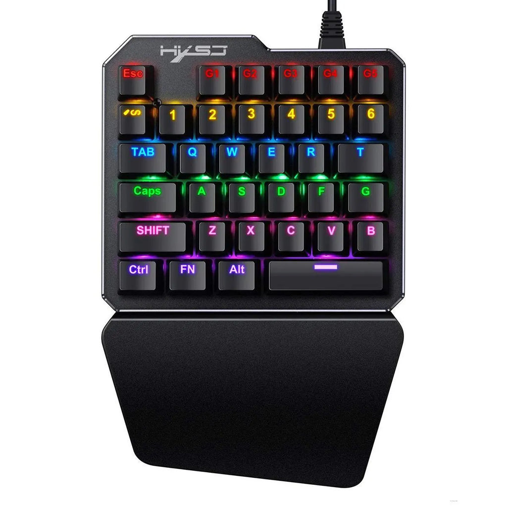 Mini one-handed mechanical gaming keyboard with 35 keys, seven-colour backlight, and wired USB connection