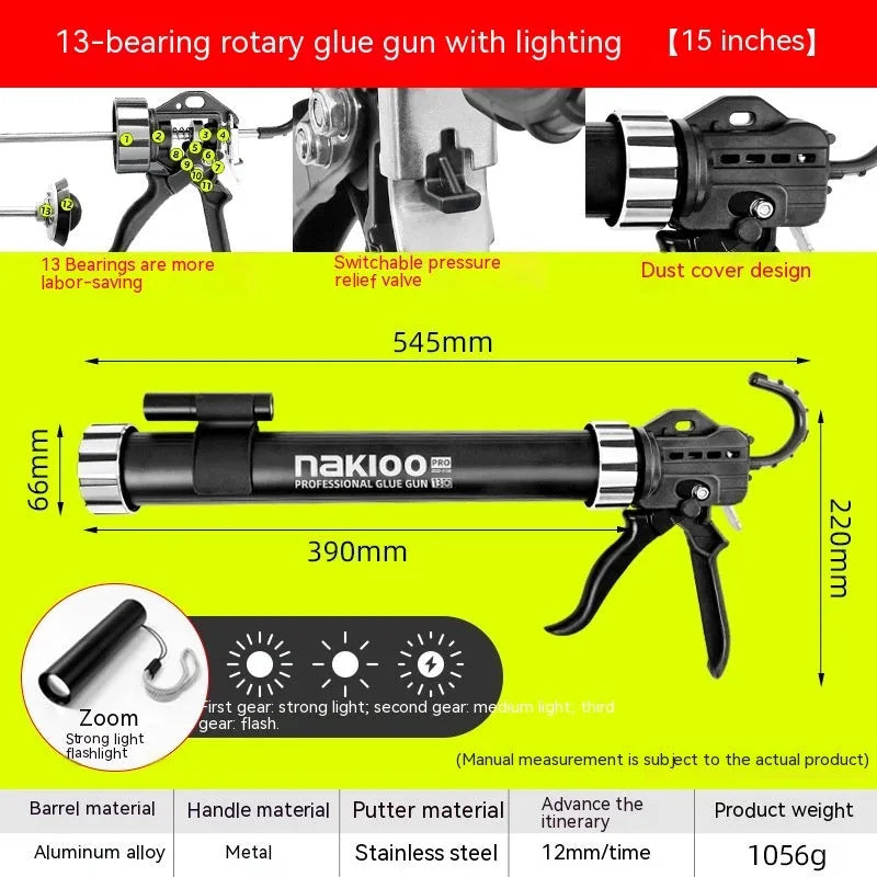 Aluminium alloy professional glue gun for silicone sealant and structural adhesive application.