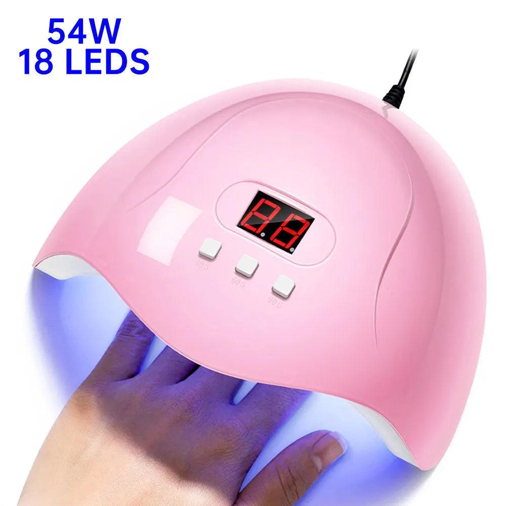 Pink 54W UV LED nail lamp with LCD display and infrared sensor for fast nail drying