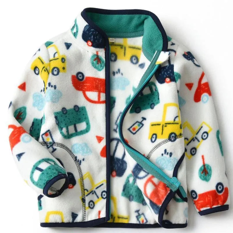 Thick fur printed coat for children with zipper, blue colour, polyester fibre fabric, casual winter style