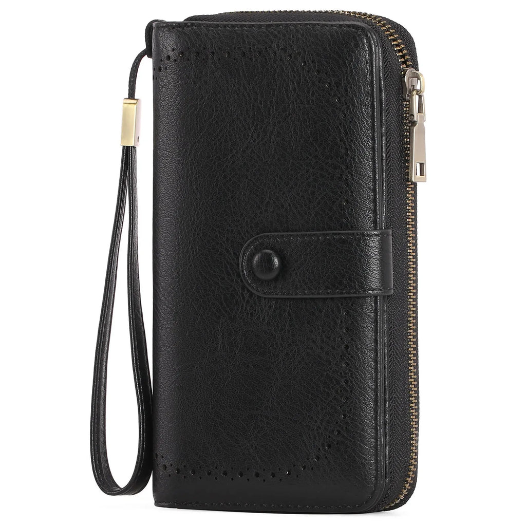 Expanding card holder women's long wallet in light brown PU leather with sewing line detail and anti-theft swiping feature.
