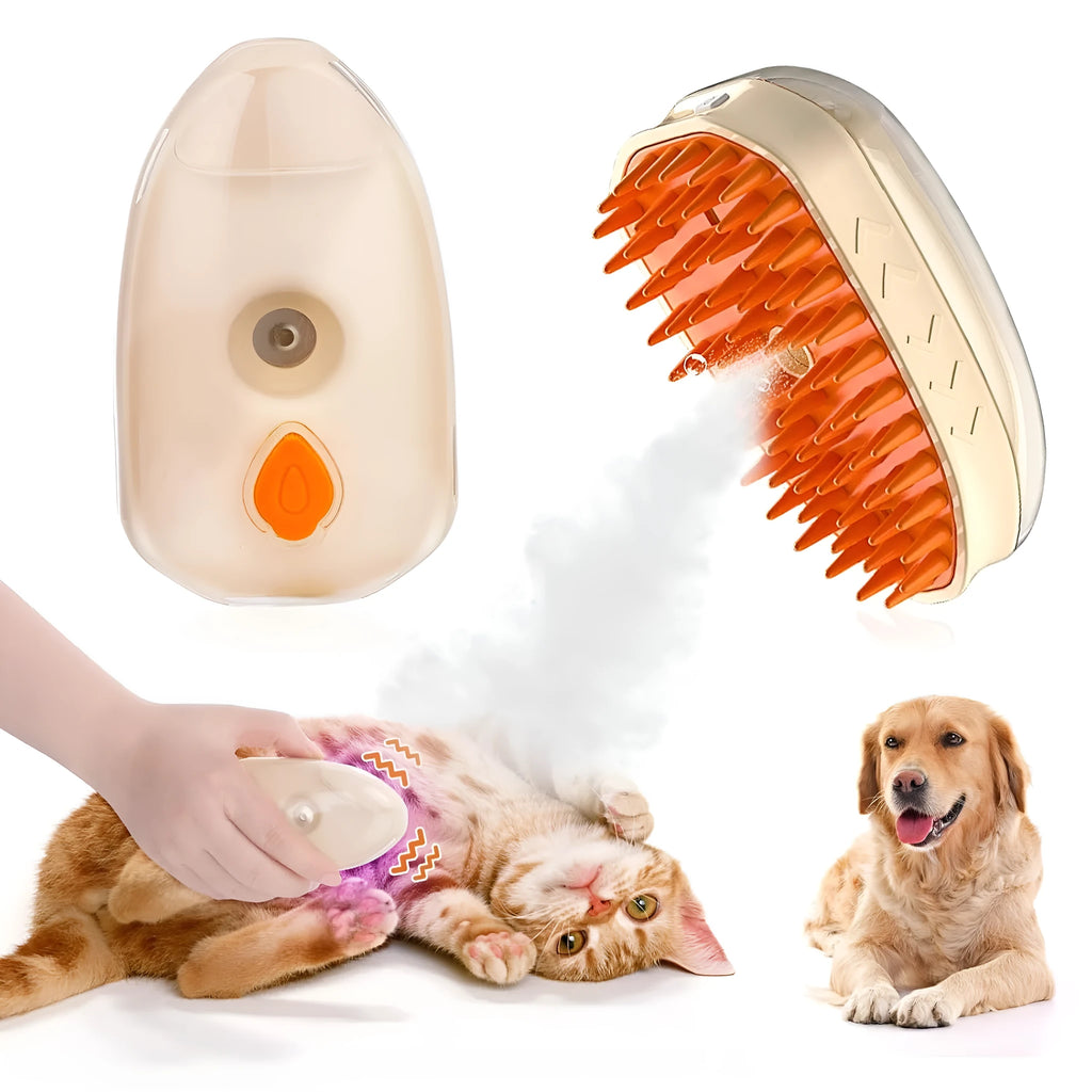 Yellow 4-in-1 cat steam brush with silicone bristles, water tank, and ringworm detector lamp.