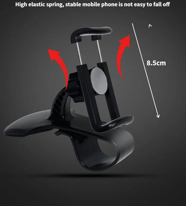 Black grey ABS plastic car pull clip phone holder with direct view, 360-degree rotation and 60-degree tilt