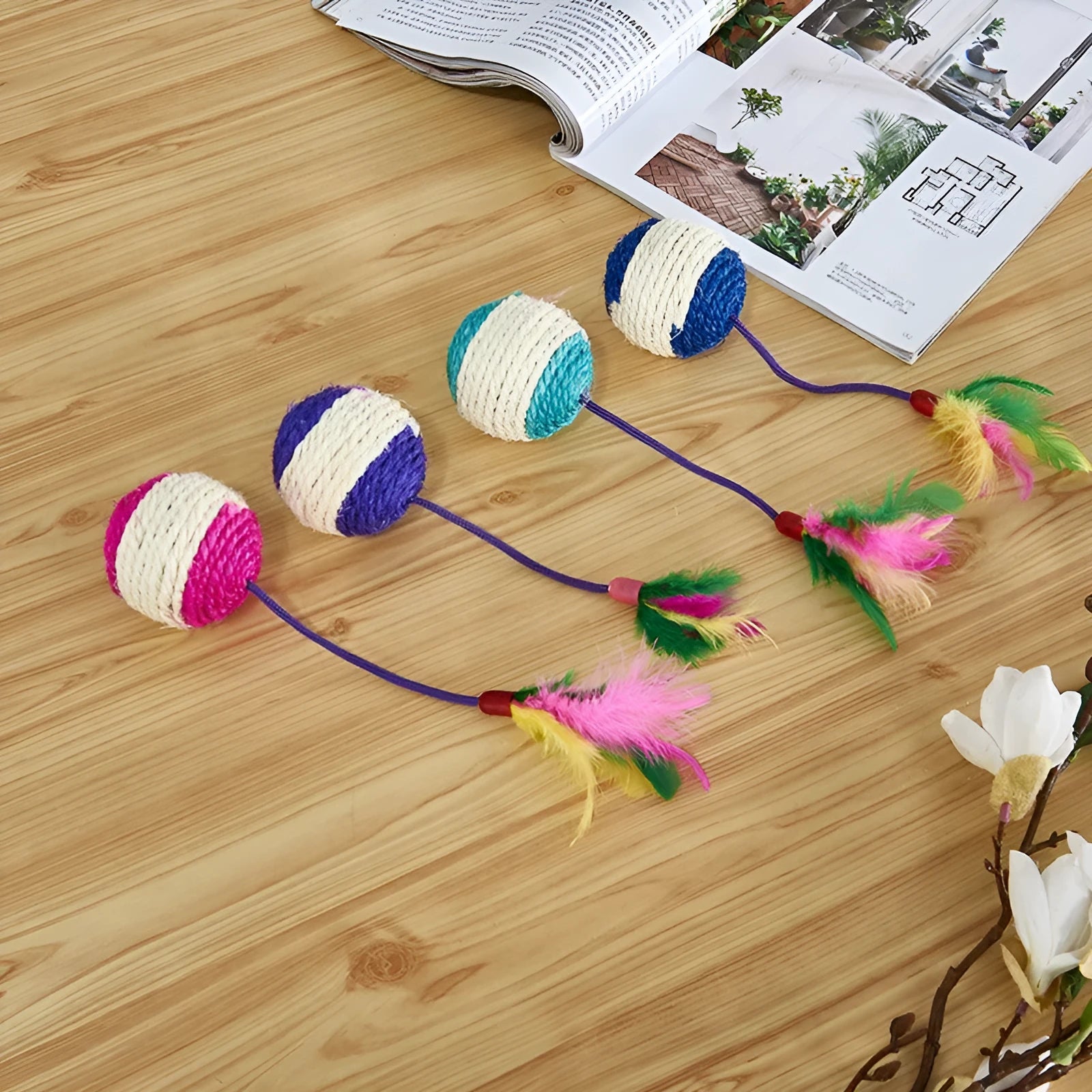 Paper sisal ball cat toy 20x4.5cm on neutral background for pet play