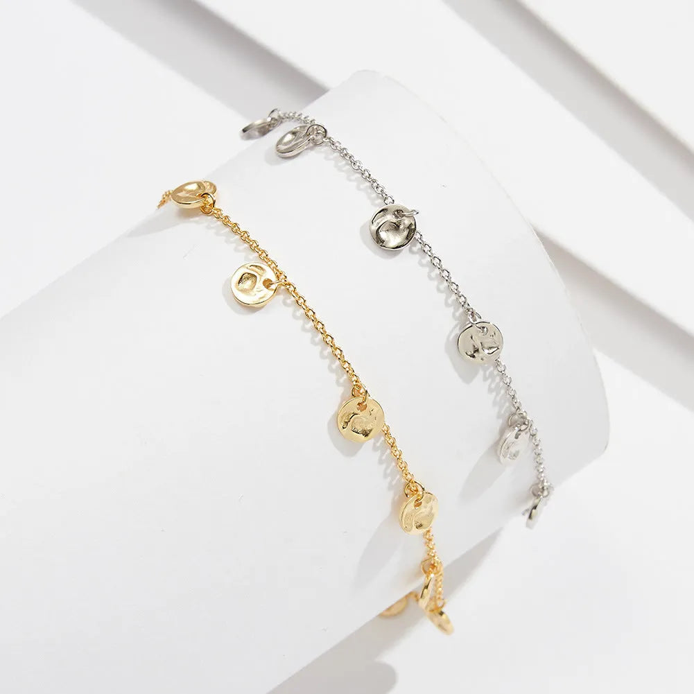S925 silver geometric round anklet with adjustable chain, available in 14K gold or platinum plating