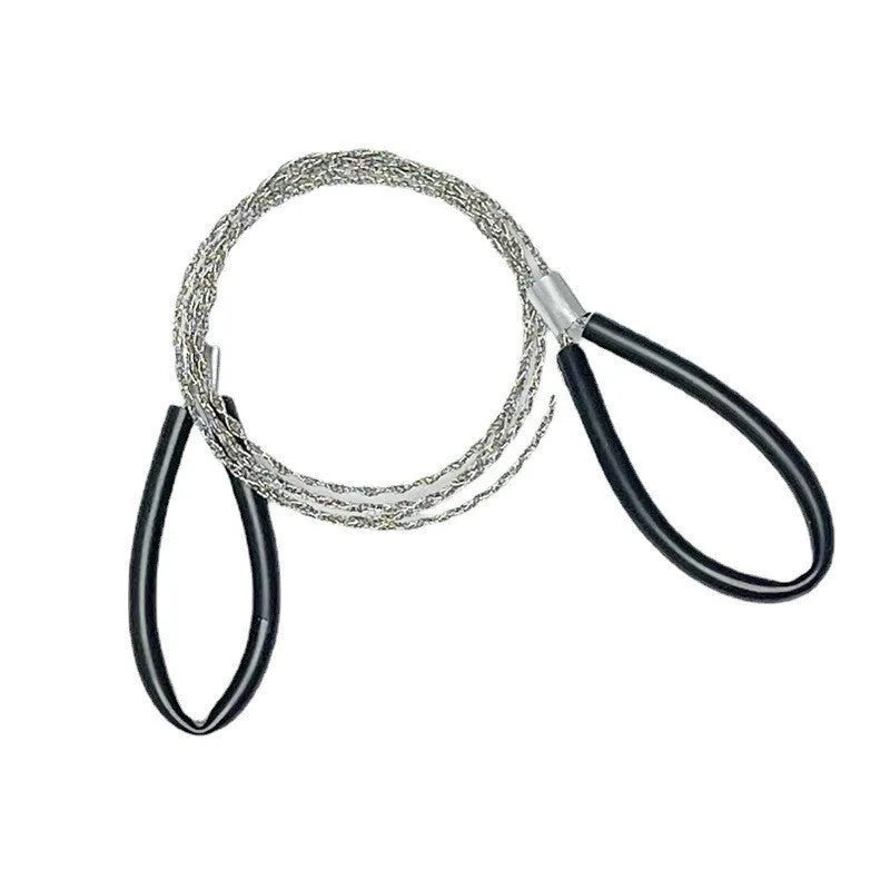 Compact black leather case containing a coiled red steel wire survival saw for outdoor use.