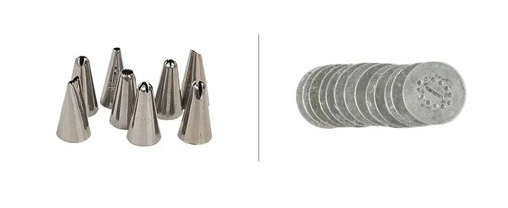 Stainless steel biscuit press gun with assorted cookie mould discs and icing nozzles on a baking tray.