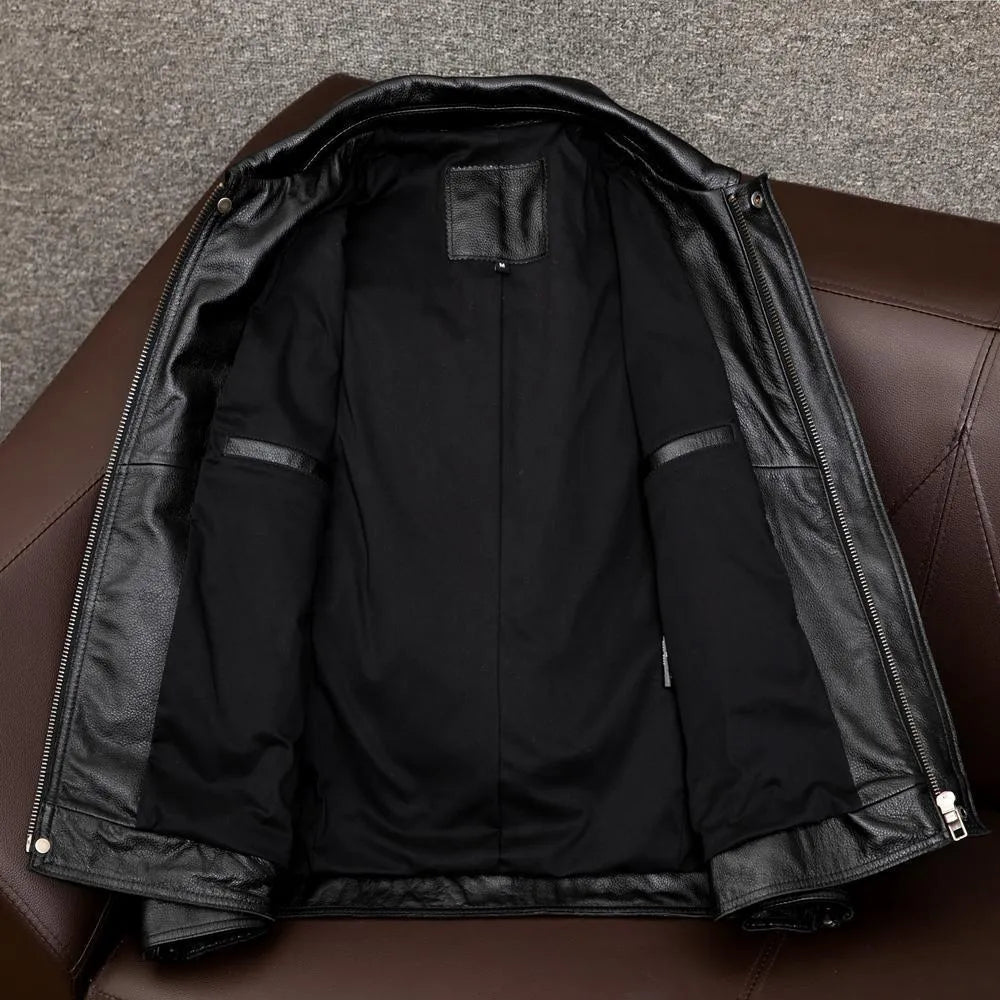 Men's black plus size PU leather jacket with lapel collar and side pockets