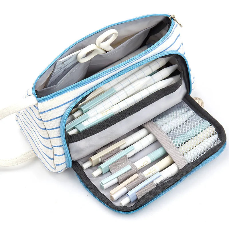 Canvas plaid pencil case with striped Korean style square shape
