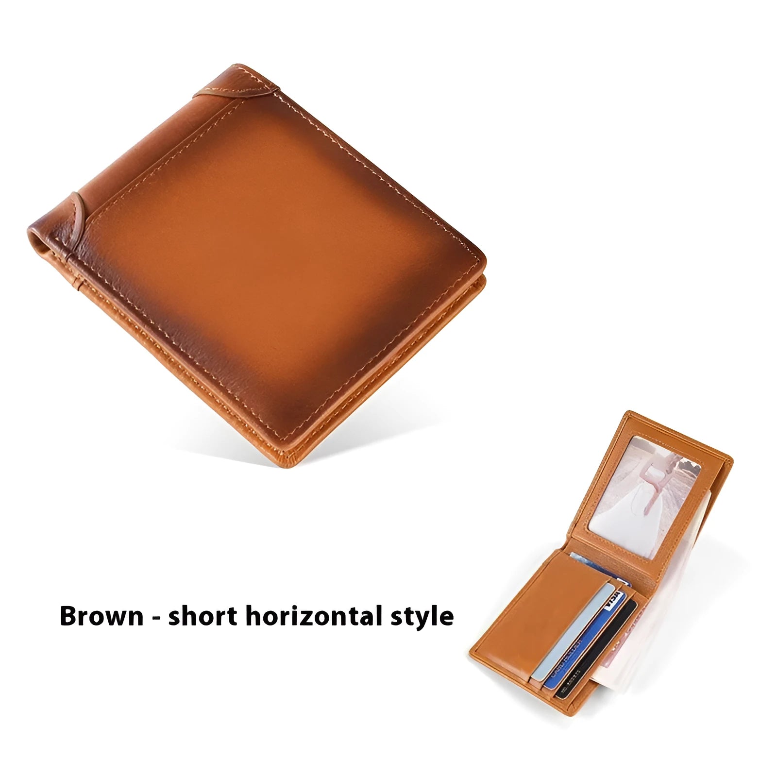 Men's genuine leather wallet in polished brown short vertical layout with cowhide lining and anti-theft function
