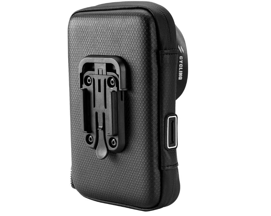 Black waterproof touch screen bicycle handlebar bag mounted on handlebars with phone visible through TPU window