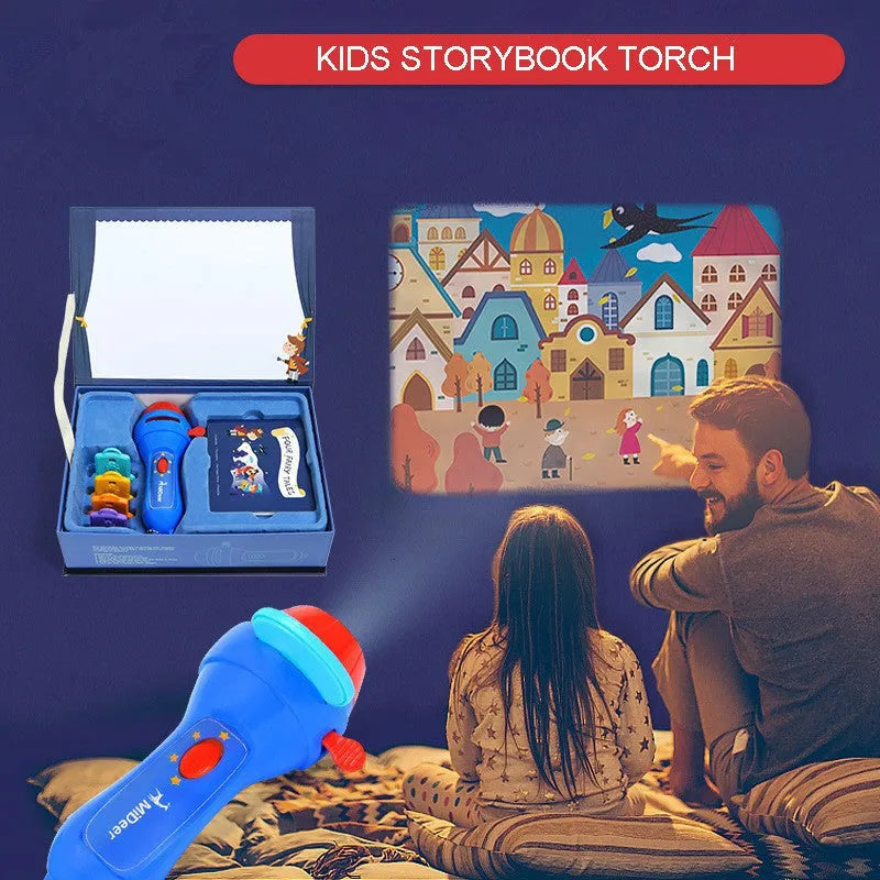 SmartKids children's story projector torch with four coloured fairy tale discs on a white background.