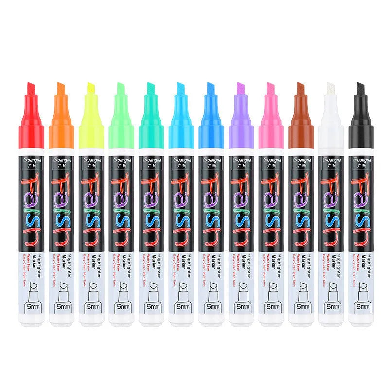 Set of 8 colourful fluorescent board pens with 6mm chisel tip on white background