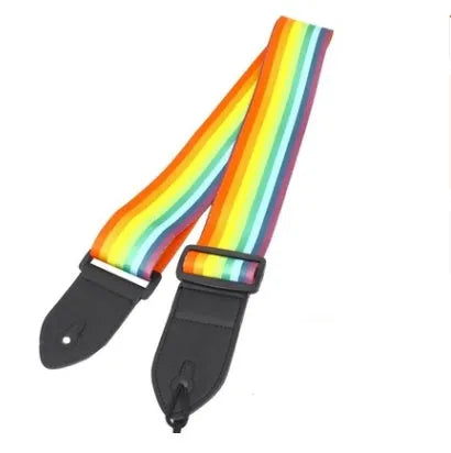 Printed cloth guitar shoulder strap showing eight design options including national flag and lightning patterns