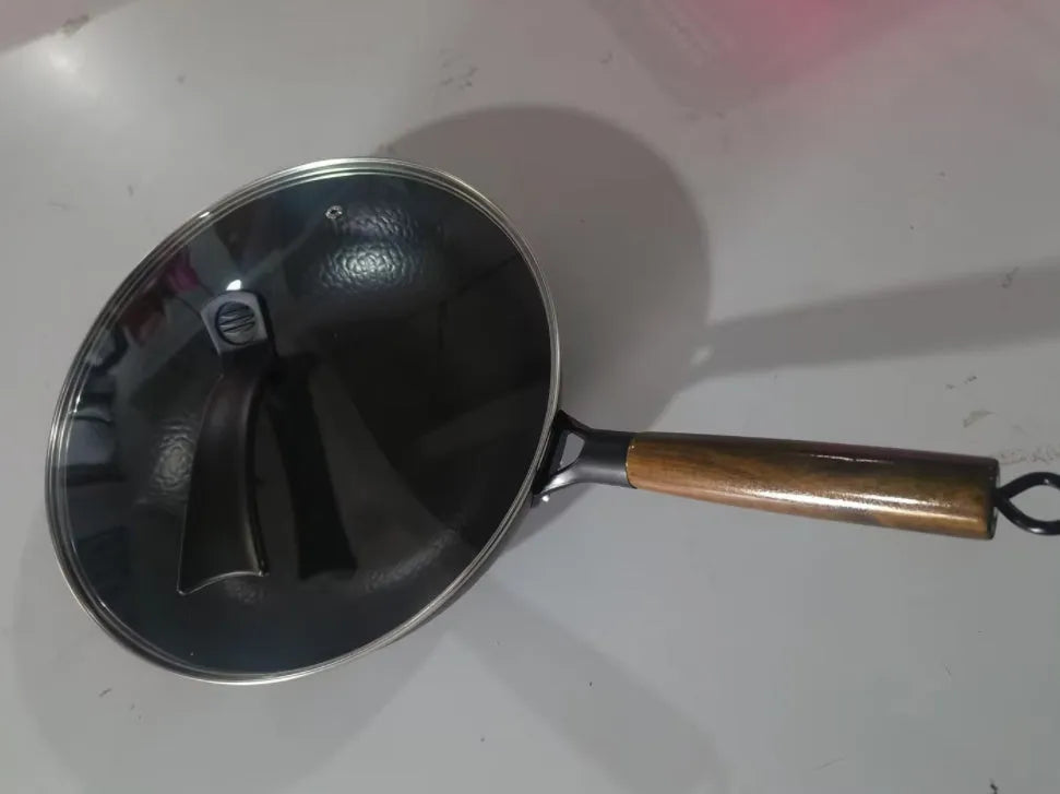 Traditional handmade iron wok with wooden handle and glass lid, 40cm diameter