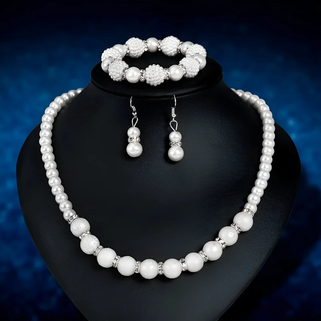 Bridal Danbi pearl necklace and earrings three piece matching jewellery set on display