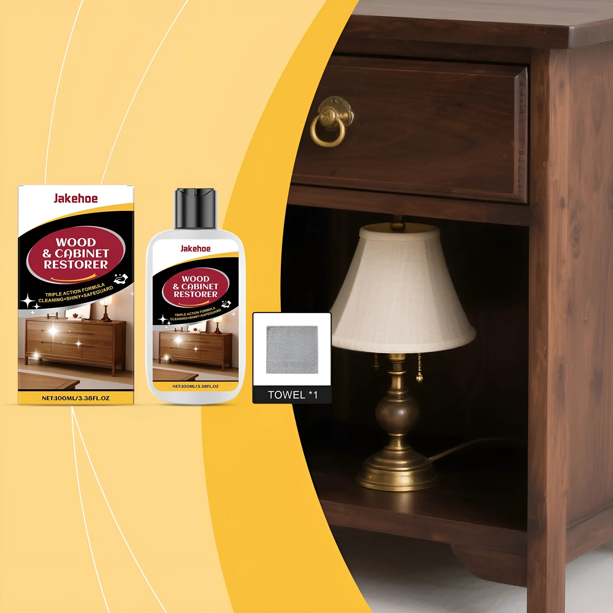Wooden furniture scratch care agent kit showing 100ml bottle and microfibre towel