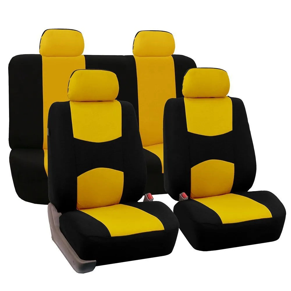 Universal car seat cover set in bird's eye cloth fabric, includes head covers and front and rear seat covers