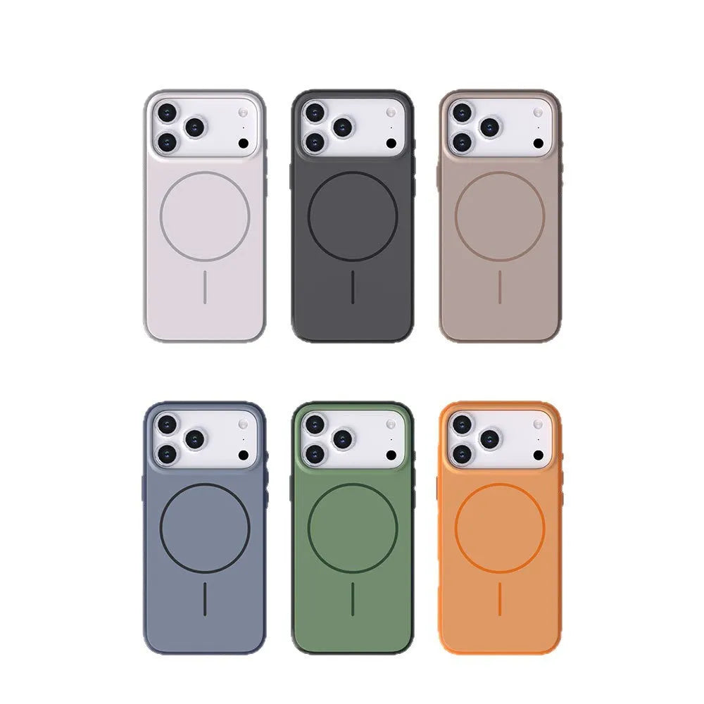 Matte magnetic silicone phone case for iPhone 17 series, available in black, blue, white, orange, dark night green, gold