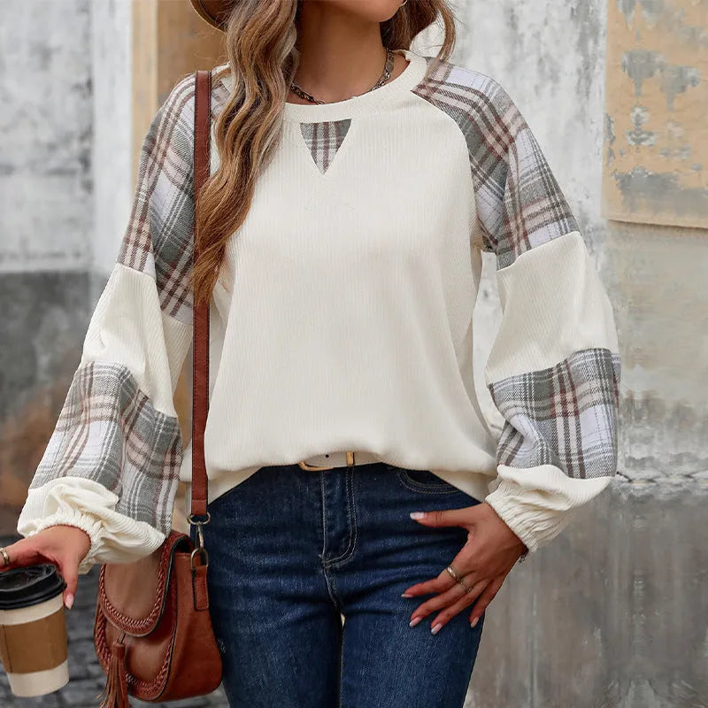 Loose plaid colorblock round neck sweater for women in apricot with long sleeves and pullover style