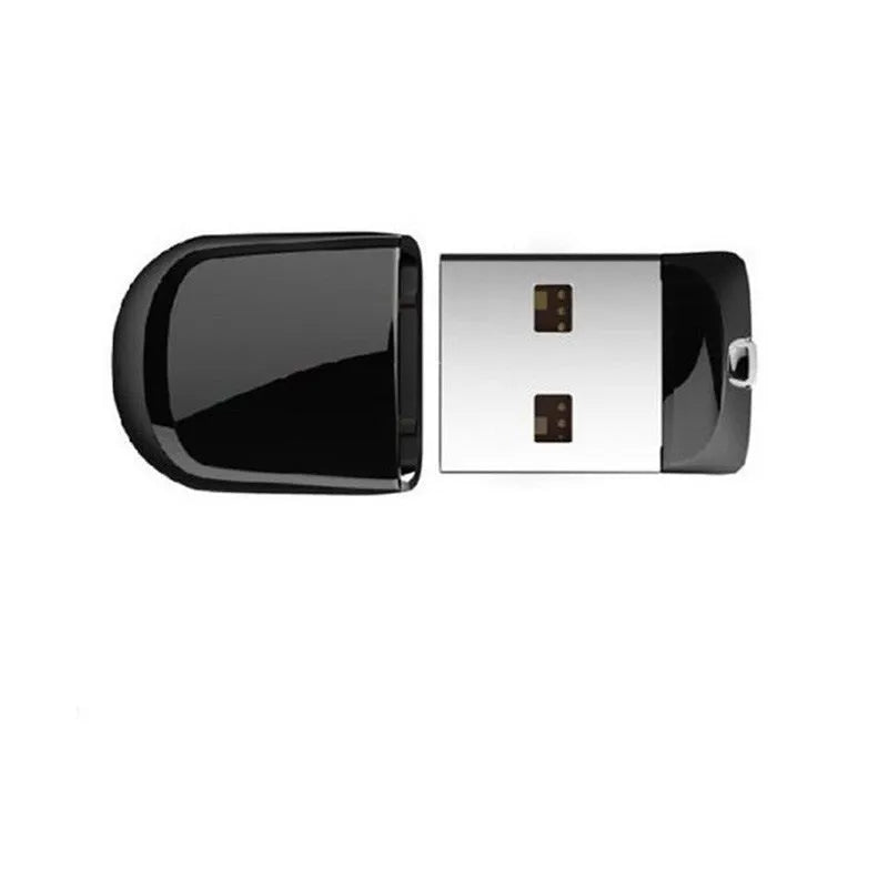 Black plastic USB 2.0 flash drive measuring 2.3 x 1.5 x 0.8 cm with paper card packaging