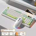 A blue and white two-tone wireless keyboard and mouse combo with mechanical-feel keys on a wooden desk.