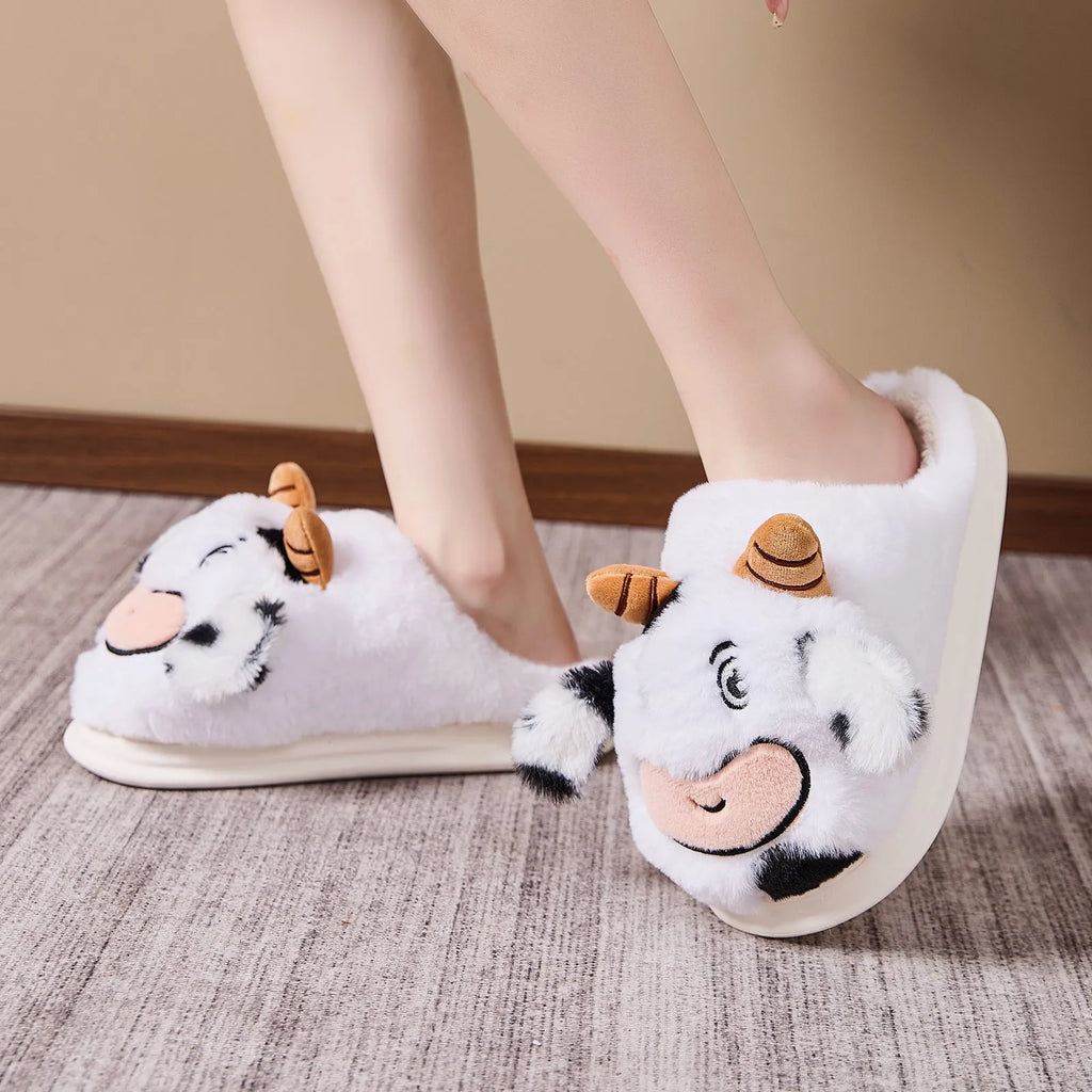 White indoor platform warm cartoon cow fluffy slippers with plush upper and flat PVC sole