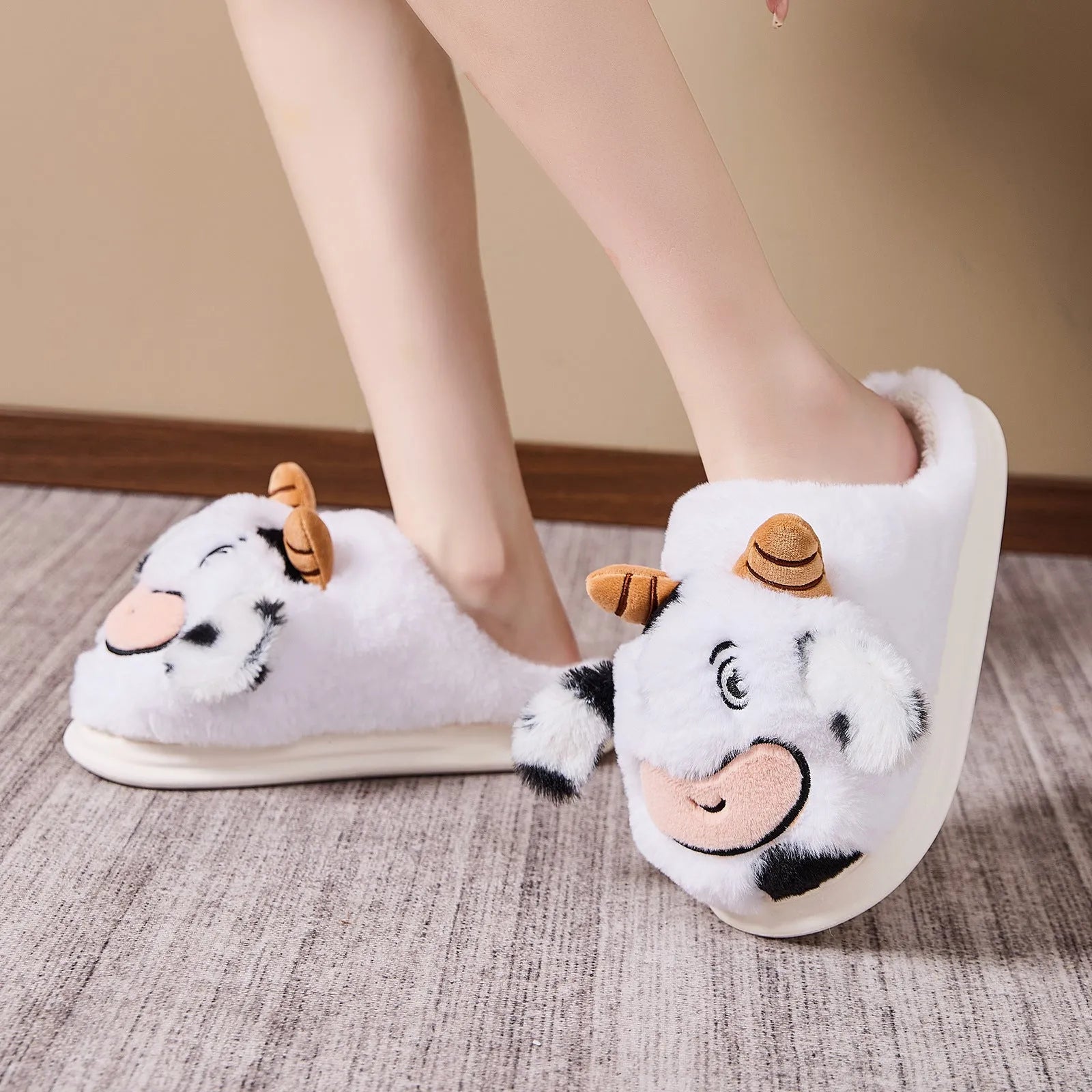 White indoor platform warm cartoon cow fluffy slippers with plush upper and flat PVC sole
