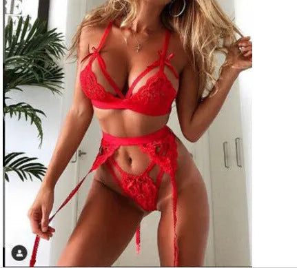 Red and white lace lingerie set for women available in four sizes