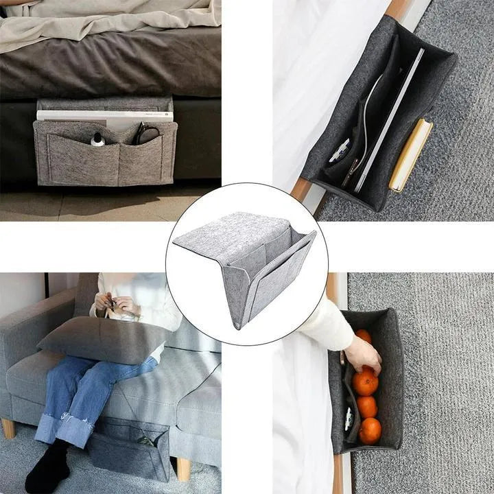 Felt bed storage bag with pocket in beige on a bed, small size 28x24cm, anti-slip organiser for mattress or sofa